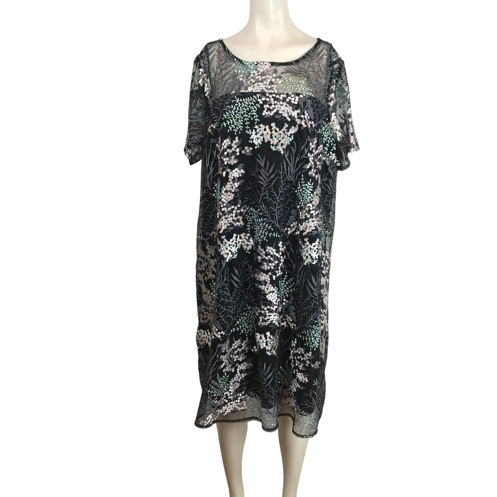 Lane Bryant 18 20 Black Floral Embroidered Sheer Mesh Overlay Dress Midi